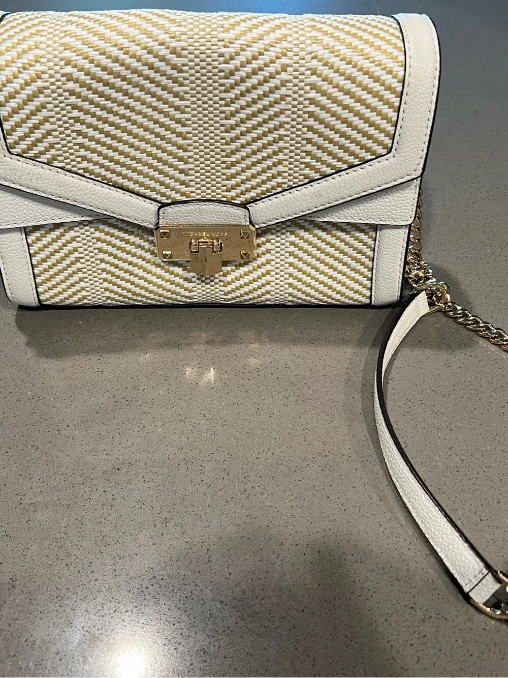 Michael Kors White and Beige Woven Leather-Trim Crossbody
